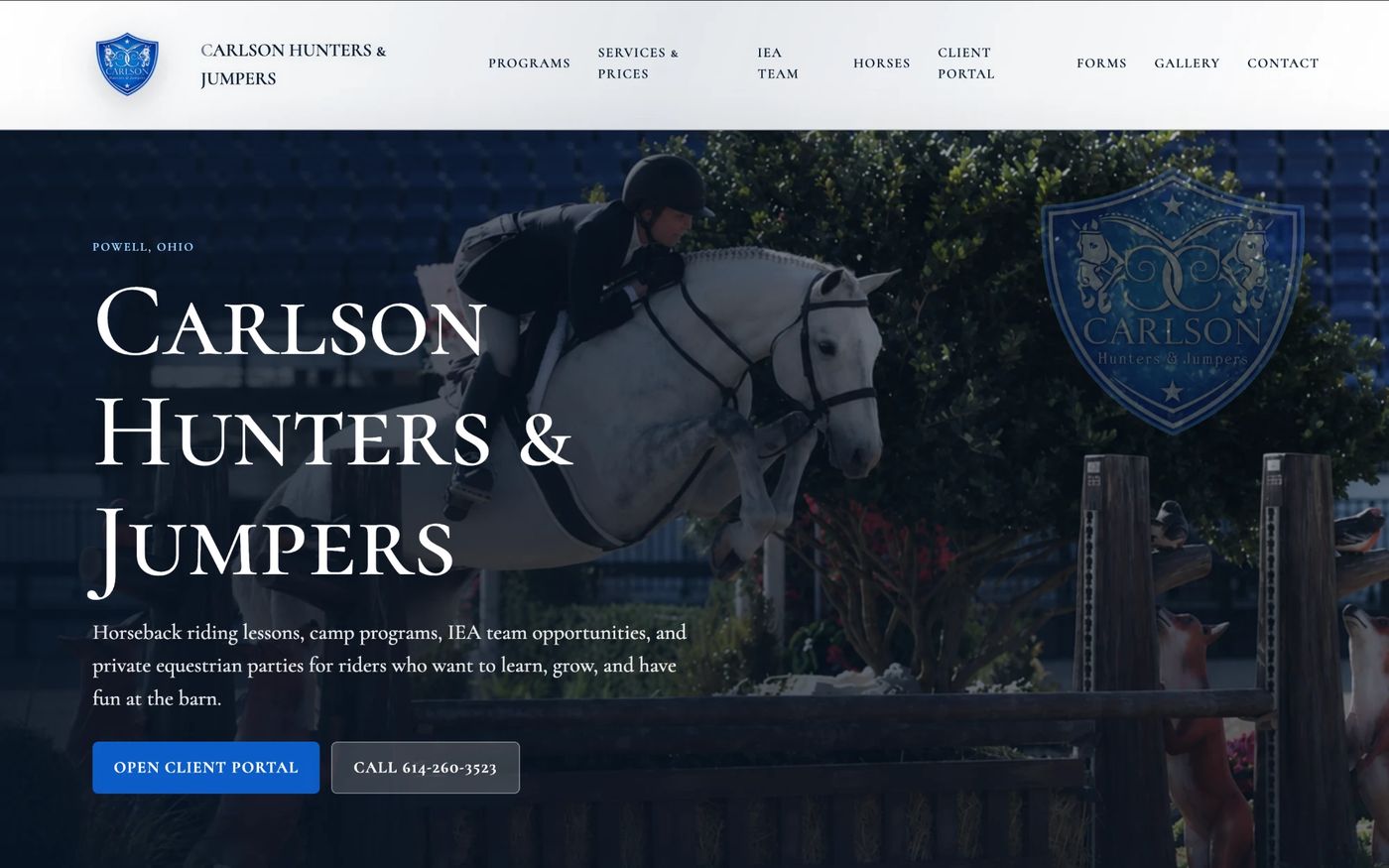 Carlson Hunters and Jumpers homepage: a rider jumping a grey horse, with the barn name, lesson details and a client portal button