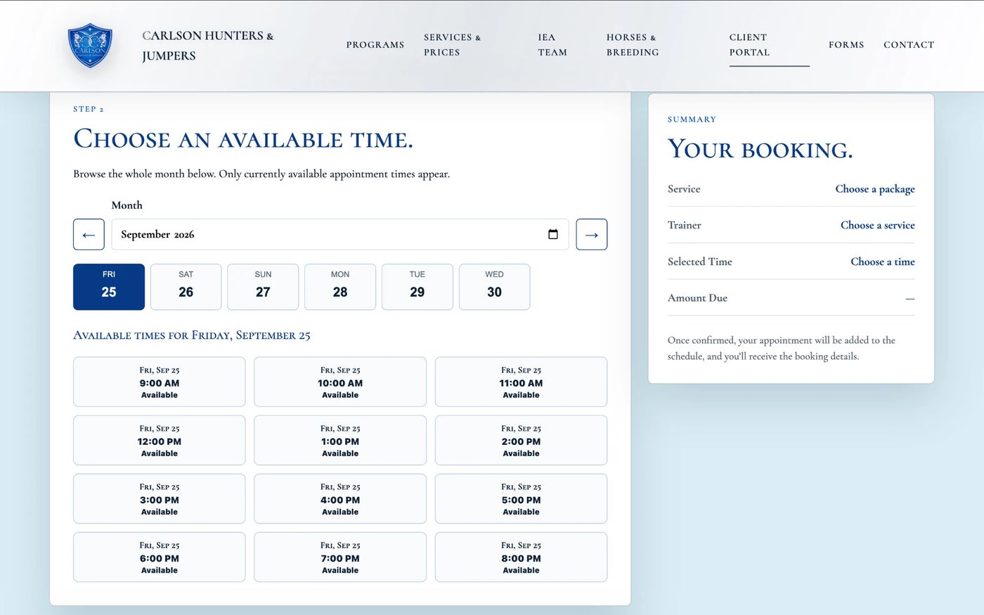 Client portal booking step: a week of dates and available lesson times, with a booking summary