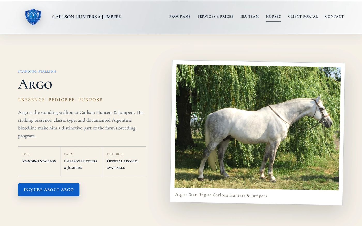 Horse profile page for Argo, the standing stallion, with role, farm and pedigree details