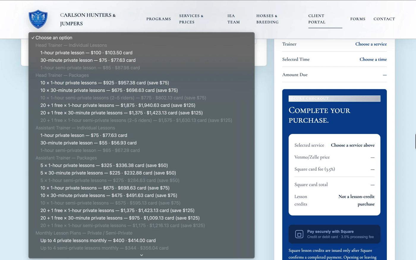 Lesson and package price list with Square secure checkout and card fee breakdown