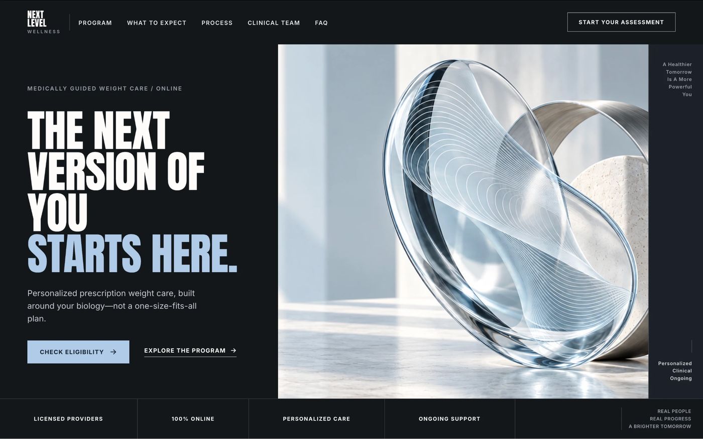 Next Level Wellness homepage: bold headline The next version of you starts here, beside a glass sculpture, with a Check eligibility button